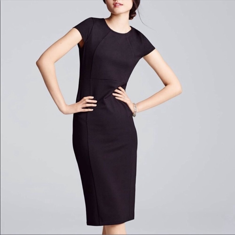 FELICITY & COCO Black Cap Sleeve Sheath MIDI Dress Pencil Zip Back Career NWT